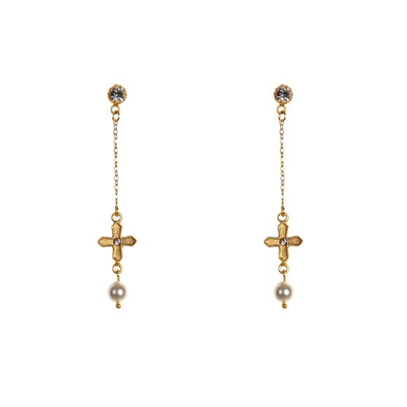 Virgins Saints & Angels Jewelry - VIRGINS SAINTS & ANGELS VSA Peace Cross Pearl Drop Post Earrings in Gold